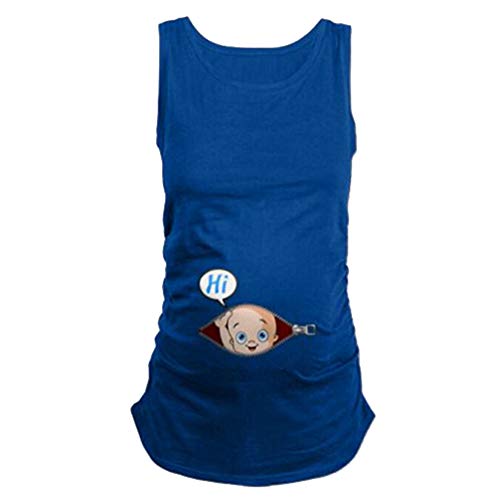 Maternidad divertida camisa de manga corta embarazo camiseta lateral acanalada camiseta superior, Sin mangas, azul, L