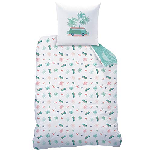 Matt&Rose Juego de ropa de cama con flamencos, ropa de cama para niñas, diseño de flamencos y palmeras, funda de almohada de 80 x 80 cm y funda nórdica de 135 x 200 cm, 100% algodón