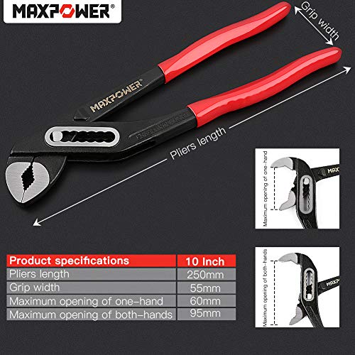 MAXPOWER 250mm Alicates Extensibles, Lengüeta y Ranura con Botón de Ajuste Rápido / Alicate de Pico Loro Ajustable /Tenaza Para Bomba de Agua Industriales de Apertura Múltiple