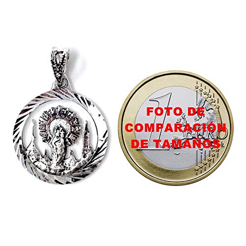 Medalla colgante plata Ley 925m maciza 19mm. Virgen del Pilar centro calado borde tallado