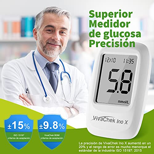 Medidor de glucosa en sangre, kit medidor azucar en sangre con codefree tiras de prueba de glucosa en sangre x 25, recordatorios de prueba y 900 memorias por VivaChek Ino X glucometro en mg/dL