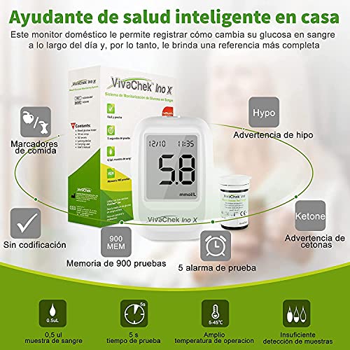 Medidor de glucosa en sangre, kit medidor azucar en sangre con codefree tiras de prueba de glucosa en sangre x 25, recordatorios de prueba y 900 memorias por VivaChek Ino X glucometro en mg/dL