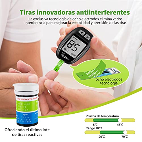 Medidor de glucosa en sangre tiras de prueba diabetes strips codefree tiras reactivas de glucosa en sangre 50 mg/dL para ES diabéticos para glucómetros VivaChek Ino e Ino X