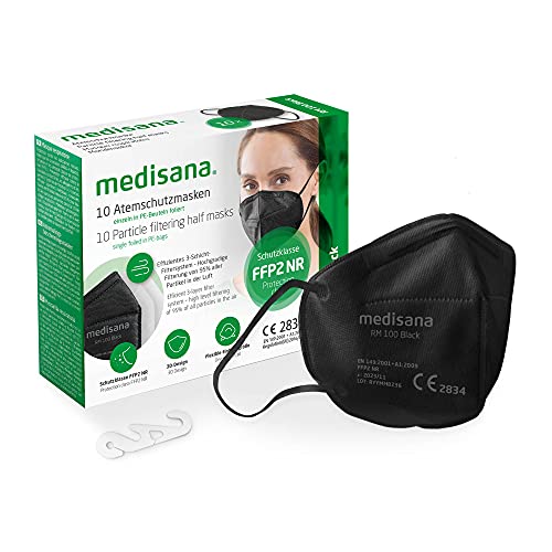 medisana FFP2 mascarilla de protección negro, RM 100, mascarilla respiratoria, contra el polvo, 10 piezas empaquetadas individualmente en bolsa de PE con clip - certificado CE2834 - UE 2016/425