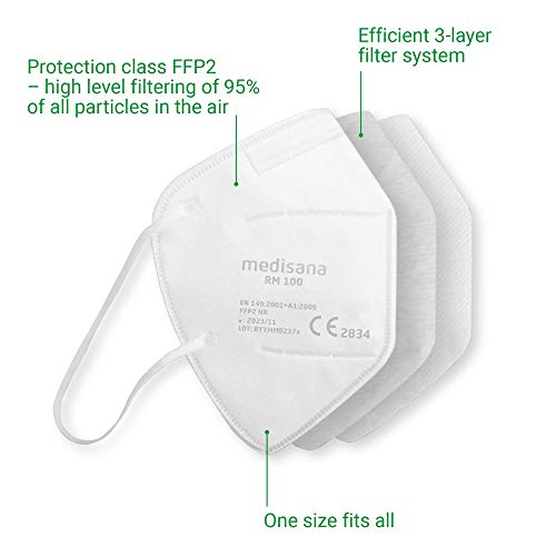 medisana FFP2 NR mascarilla de protección, RM 100, máscara respiratoria, contra el polvo, 25 piezas empaquetadas individualmente en bolsa de PE con clip - certificado CE2834 - UE 2016/425