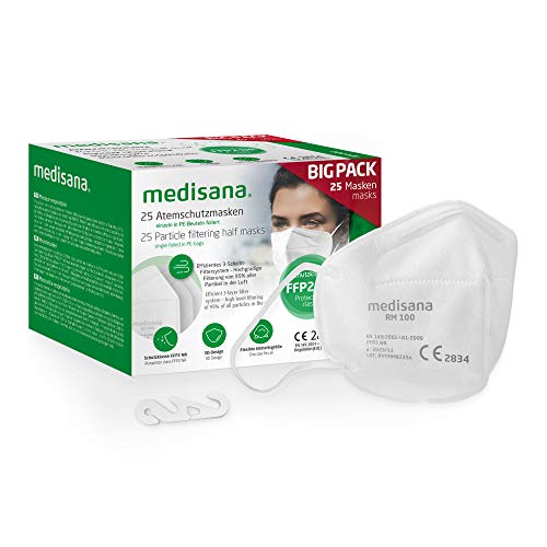 medisana FFP2 NR mascarilla de protección, RM 100, máscara respiratoria, contra el polvo, 25 piezas empaquetadas individualmente en bolsa de PE con clip - certificado CE2834 - UE 2016/425