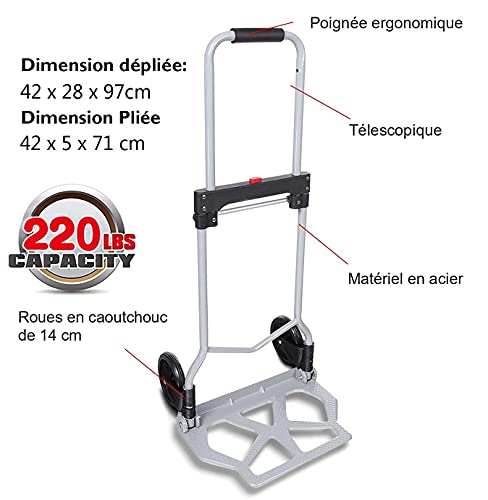 Meditool Carretilla Plegable,42 x 28 x 97 cm,Carretilla de Transporte,Portátil,Carretilla de Mano, Carga Máxima100kg (Plegado automático, Mango extensible)