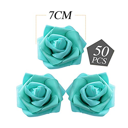 MEJOSER 50pcs Flores Rosas Artificiales en Espuma Cabezas de Rosa 7cm Rosas Falsas Decoración Boda Mesa Fiesta San Valentín Hogar Manualidades Oso Color Azul & Verde