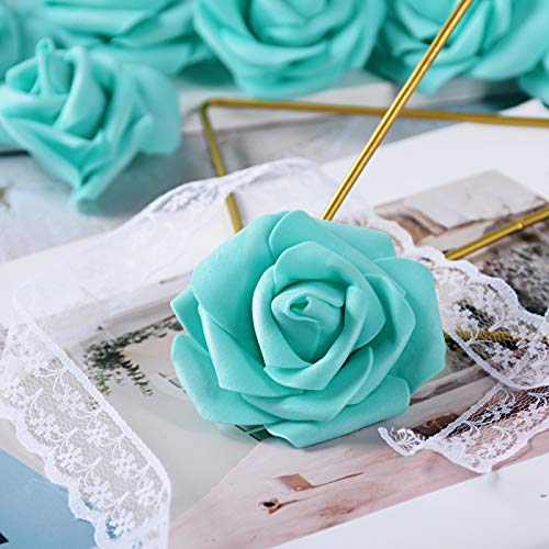 MEJOSER 50pcs Flores Rosas Artificiales en Espuma Cabezas de Rosa 7cm Rosas Falsas Decoración Boda Mesa Fiesta San Valentín Hogar Manualidades Oso Color Azul & Verde