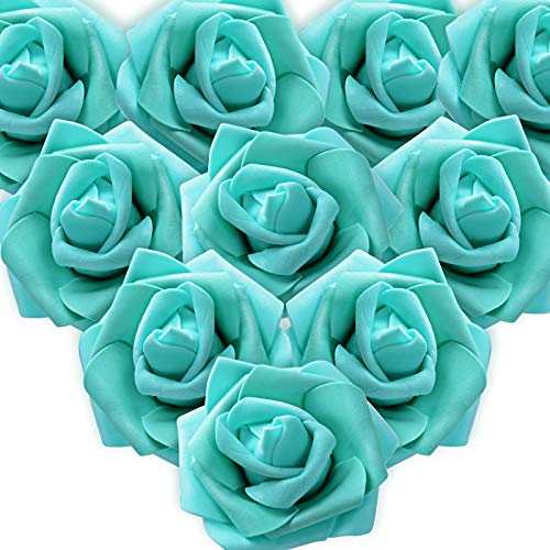 MEJOSER 50pcs Flores Rosas Artificiales en Espuma Cabezas de Rosa 7cm Rosas Falsas Decoración Boda Mesa Fiesta San Valentín Hogar Manualidades Oso Color Azul & Verde