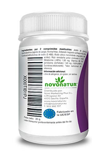 Melatonina 0,5mg con vitamina B6, 60 comprimidos de melatonina masticable sublingual con sabor a fresa, regula el ciclo del sueño, ideal para el jet lag. NOVONATUR.