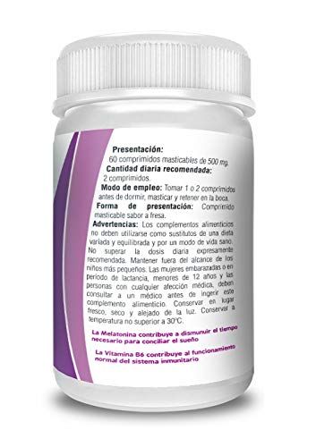 Melatonina 0,5mg con vitamina B6, 60 comprimidos de melatonina masticable sublingual con sabor a fresa, regula el ciclo del sueño, ideal para el jet lag. NOVONATUR.