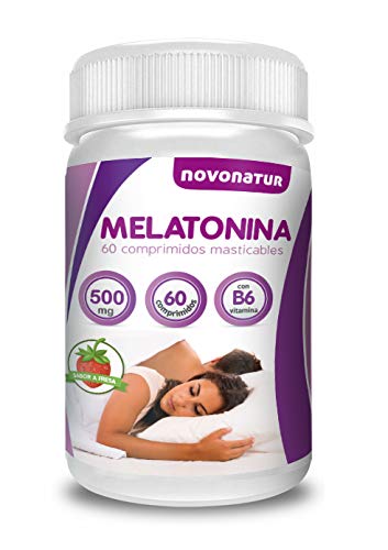 Melatonina 0,5mg con vitamina B6, 60 comprimidos de melatonina masticable sublingual con sabor a fresa, regula el ciclo del sueño, ideal para el jet lag. NOVONATUR.