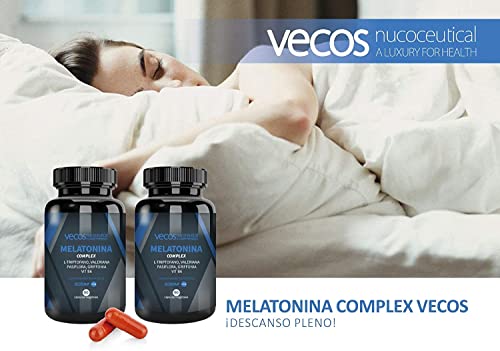 Melatonina 1,9 mg Vecos para ayudar a conciliar el sueño – Suplemento con L-Triptófano, valeriana, pasiflora, griffonia y vitamina B6 – 90 cápsulas vegetales – 100% Apto veganos