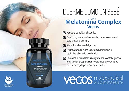 Melatonina 1,9 mg Vecos para ayudar a conciliar el sueño – Suplemento con L-Triptófano, valeriana, pasiflora, griffonia y vitamina B6 – 90 cápsulas vegetales – 100% Apto veganos