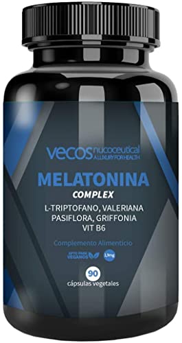 Melatonina 1,9 mg Vecos para ayudar a conciliar el sueño – Suplemento con L-Triptófano, valeriana, pasiflora, griffonia y vitamina B6 – 90 cápsulas vegetales – 100% Apto veganos