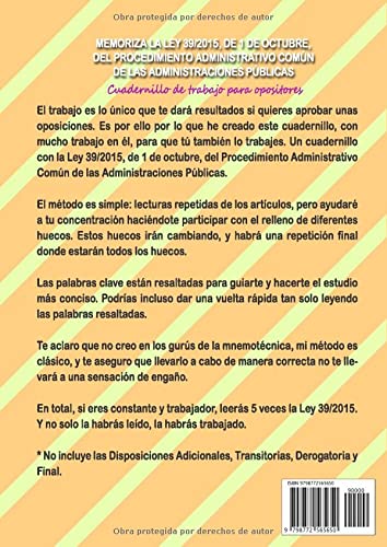 Memoriza la Ley 39/2015, del Procedimiento Administrativo Común de las Administraciones Públicas: Cuadernillo de trabajo para opositores