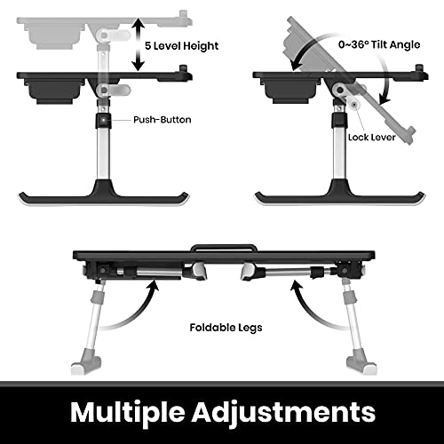 Mesa Cama para PC Portátil Altura Ajustable & Inclinable,TATE GUARD Soporte Ordenador con Cajón de Almacenamiento&Patas Plegables,Escritorio Portatil de Cuero de PVC para Laptop 17 Pulgadas-Negro