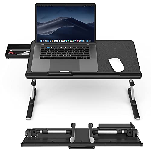 Mesa Cama para PC Portátil Altura Ajustable & Inclinable,TATE GUARD Soporte Ordenador con Cajón de Almacenamiento&Patas Plegables,Escritorio Portatil de Cuero de PVC para Laptop 17 Pulgadas-Negro