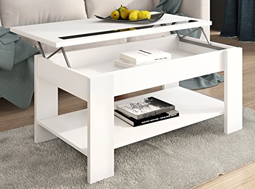 Mesa de Centro elevable, mesita de salón Comedor, Acabado en Blanco, Modelo Agueda, Medidas: 90 cm (Largo) x 50 cm (Ancho) x 33,8/45,3 cm (Alto)