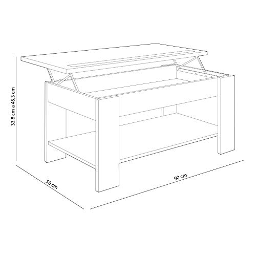 Mesa de Centro elevable, mesita de salón Comedor, Acabado en Blanco, Modelo Agueda, Medidas: 90 cm (Largo) x 50 cm (Ancho) x 33,8/45,3 cm (Alto)