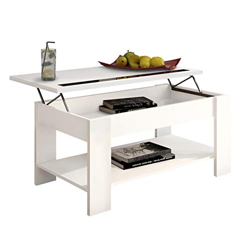 Mesa de Centro elevable, mesita de salón Comedor, Acabado en Blanco, Modelo Agueda, Medidas: 90 cm (Largo) x 50 cm (Ancho) x 33,8/45,3 cm (Alto)