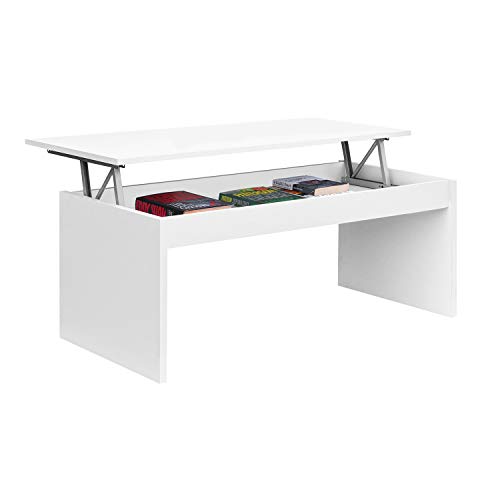 Mesa de Centro Elevable, Modelo Zenit, Mesita Salon Comedor, Acabado en Blanco Brillo, Medidas: 102 cm (Ancho) x 43/54 cm de (Alto) x 50 cm (Fondo)