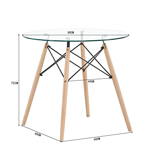 Mesa de Comedor Redonda de Cristal Mesa de Cocina Café Moderna Nórdica,Patas de Madera, 80X75cm