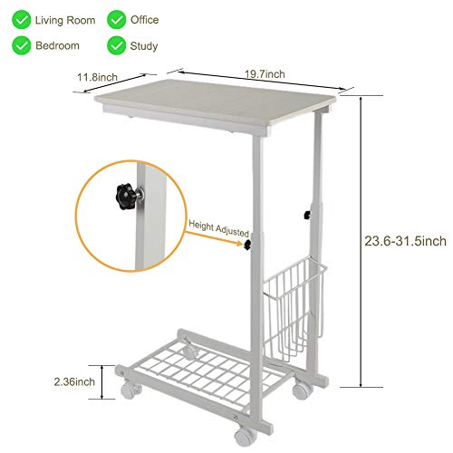 Mesita de Cama con Ruedas, Mesa Auxiliar Multiusos portátil, Altura Ajustable, Apta para Dormitorio, salón, Dormitorio, Oficina, 30 x 50 x 60~80 cm, Color Blanco