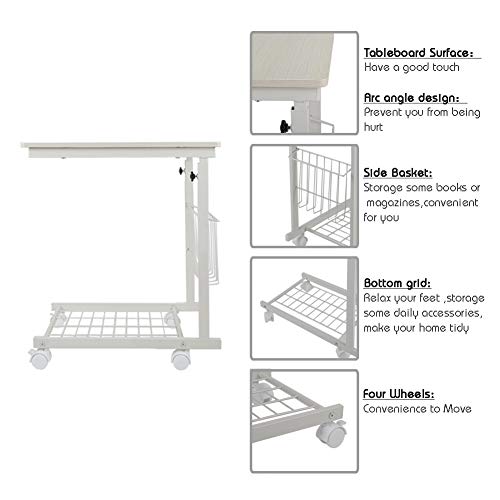 Mesita de Cama con Ruedas, Mesa Auxiliar Multiusos portátil, Altura Ajustable, Apta para Dormitorio, salón, Dormitorio, Oficina, 30 x 50 x 60~80 cm, Color Blanco