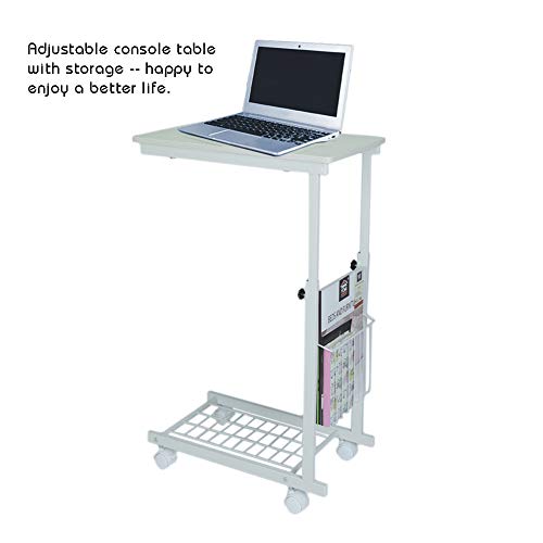 Mesita de Cama con Ruedas, Mesa Auxiliar Multiusos portátil, Altura Ajustable, Apta para Dormitorio, salón, Dormitorio, Oficina, 30 x 50 x 60~80 cm, Color Blanco