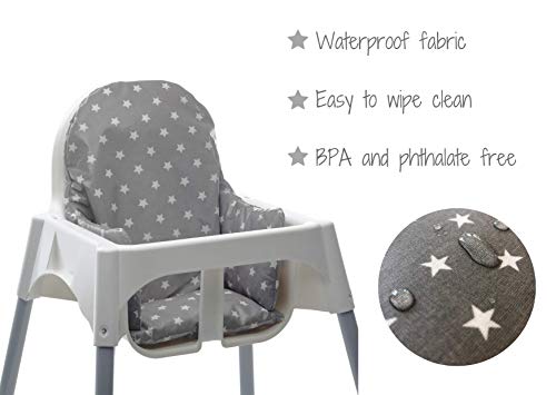 Messy Me- Cojín de asiento. Silla alta IKEA Antilop- Limpieza fácil de hule- tela- Refuerzo de silla de bebé para comidas (Gris con estrellas)