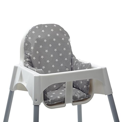 Messy Me- Cojín de asiento. Silla alta IKEA Antilop- Limpieza fácil de hule- tela- Refuerzo de silla de bebé para comidas (Gris con estrellas)