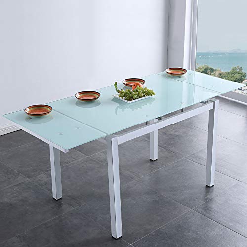 Milan, Mesa de Cristal Extensible para Comedor, Salón o Cocina, Acabado en Cristal Ahumado Blanco, Medidas: 110-170 cm (Largo) x 70 cm (Fondo) x 75 cm (Alto)