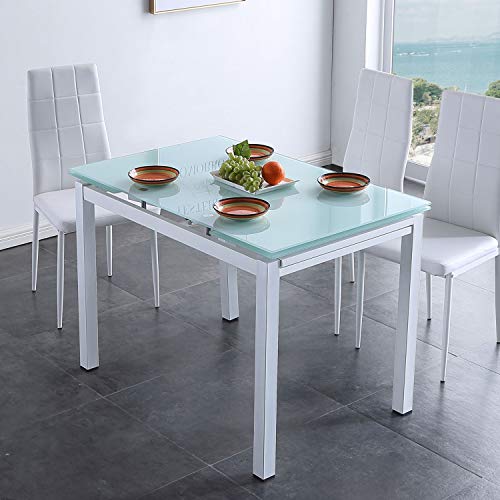 Milan, Mesa de Cristal Extensible para Comedor, Salón o Cocina, Acabado en Cristal Ahumado Blanco, Medidas: 110-170 cm (Largo) x 70 cm (Fondo) x 75 cm (Alto)