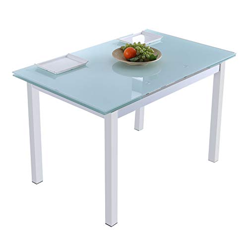 Milan, Mesa de Cristal Extensible para Comedor, Salón o Cocina, Acabado en Cristal Ahumado Blanco, Medidas: 110-170 cm (Largo) x 70 cm (Fondo) x 75 cm (Alto)