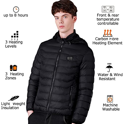 Mincoo Chaqueta Calefactable Adecuado Para Hombres y Mujeres,con Temperatura Ajustable Chaquetas calefactora con 3 Temperaturas & 3 Zonas Ideal Acampar Actividades al Aire Libre invierno(Black, XL)