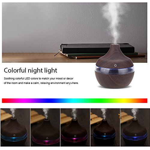 Mini humidificador USB, 300 ml de grano de madera Forma de gota de agua Humidificador LED colorido, función de apagado automático ultra silencioso e inteligente, para coche / hogar / oficina / dormito