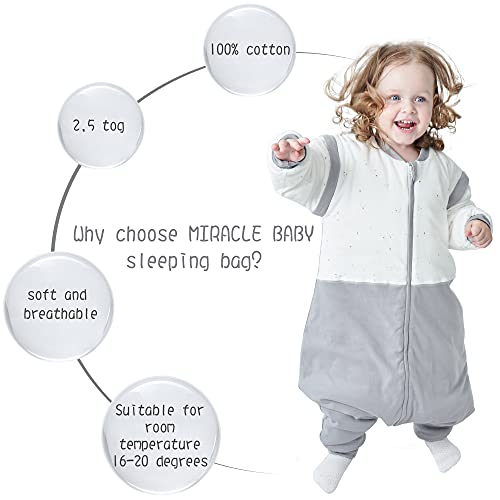 Miracle Baby Pijama de saco de dormir para bebé de invierno con pies de algodón bebé recién nacido niño niña，Mangas Extraíbles,Unisexo-2.5G