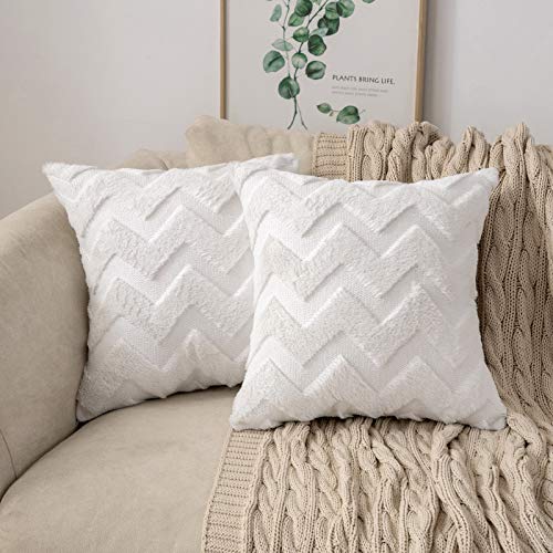 MIULEE 2 Piezas Funda Cojines Funda de Almohada Diseño Boho Lana de Imitación Cojin Moderno Decoración Cremallera Oculta para Silla Oficina Cama Habitacion Dormitorio Salón 45x45 cm Blanco