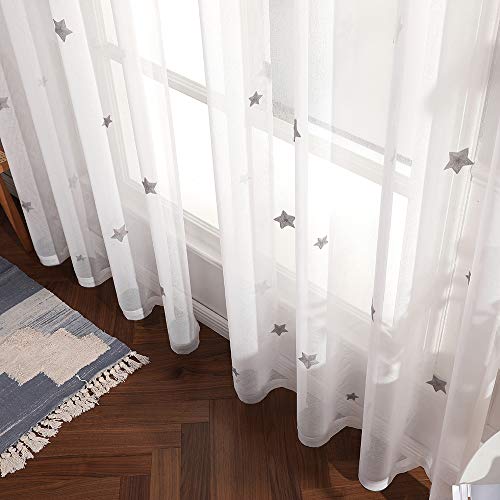 MIULEE Cortina Visillo Bordado Translucido de Dormitorio Infantil Juvenil con Ojales Plateados para Sala de Estar Cuarto de Niño Comedor Habitación Patrón de Estrella 2 Hojas 140x175cm Gris