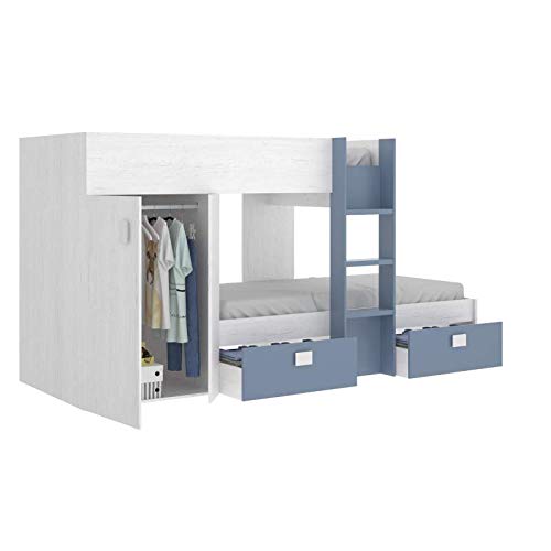 Mobelcenter - Cama Litera Tren Groe Infantil y Juvenil - Cama Tren con Armario y 2 Cajones- Medidas: Ancho: 271 cm x Fondo: 111 cm x Alto: 150 cm (Blanco Artic y Aguamarina) - (1079)