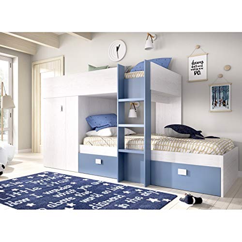 Mobelcenter - Cama Litera Tren Groe Infantil y Juvenil - Cama Tren con Armario y 2 Cajones- Medidas: Ancho: 271 cm x Fondo: 111 cm x Alto: 150 cm (Blanco Artic y Aguamarina) - (1079)