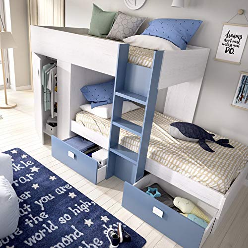 Mobelcenter - Cama Litera Tren Groe Infantil y Juvenil - Cama Tren con Armario y 2 Cajones- Medidas: Ancho: 271 cm x Fondo: 111 cm x Alto: 150 cm (Blanco Artic y Aguamarina) - (1079)