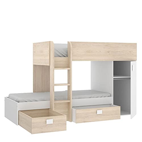 Mobelcenter - Cama Litera Tren Juvenil - Cama Tren Convertible Reversible Acabado Blanco y Natural - Armario y 2 Cajones - Ancho: 195-255 cm x Alto: 150 cm x Fondo: 199-109 cm - (1201)