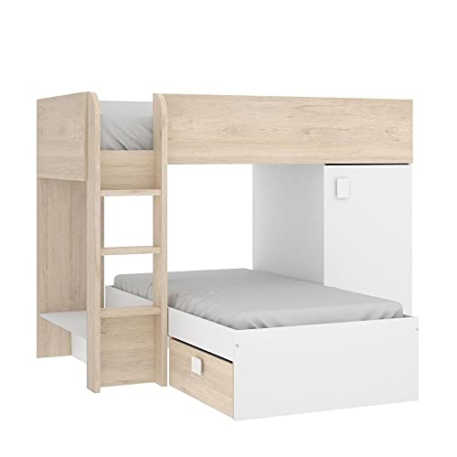 Mobelcenter - Cama Litera Tren Juvenil - Cama Tren Convertible Reversible Acabado Blanco y Natural - Armario y 2 Cajones - Ancho: 195-255 cm x Alto: 150 cm x Fondo: 199-109 cm - (1201)