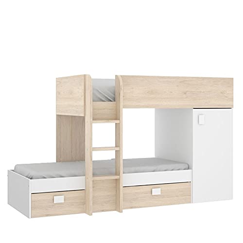 Mobelcenter - Cama Litera Tren Juvenil - Cama Tren Convertible Reversible Acabado Blanco y Natural - Armario y 2 Cajones - Ancho: 195-255 cm x Alto: 150 cm x Fondo: 199-109 cm - (1201)