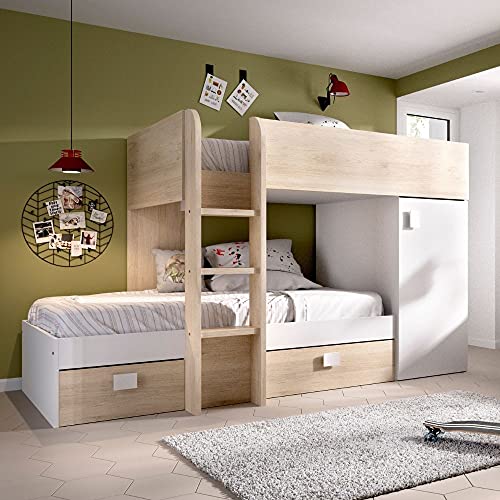 Mobelcenter - Cama Litera Tren Juvenil - Cama Tren Convertible Reversible Acabado Blanco y Natural - Armario y 2 Cajones - Ancho: 195-255 cm x Alto: 150 cm x Fondo: 199-109 cm - (1201)