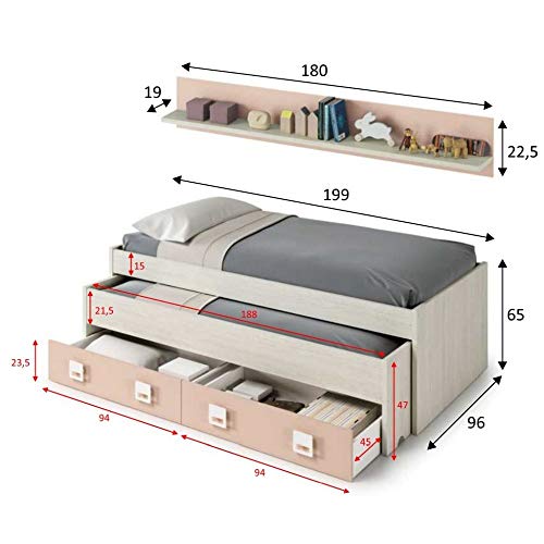 Mobelcenter - Cama Nido con cajones y estantería Nube - Color Blanco y Rosa Pastel - Conjunto Dormitorio Infantil Juvenil (199cm de Ancho x 69cm de Altura x 96cm de Fondo) - 0983