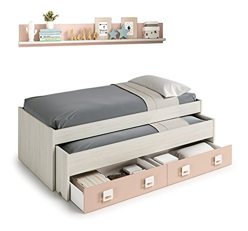 Mobelcenter - Cama Nido con cajones y estantería Nube - Color Blanco y Rosa Pastel - Conjunto Dormitorio Infantil Juvenil (199cm de Ancho x 69cm de Altura x 96cm de Fondo) - 0983